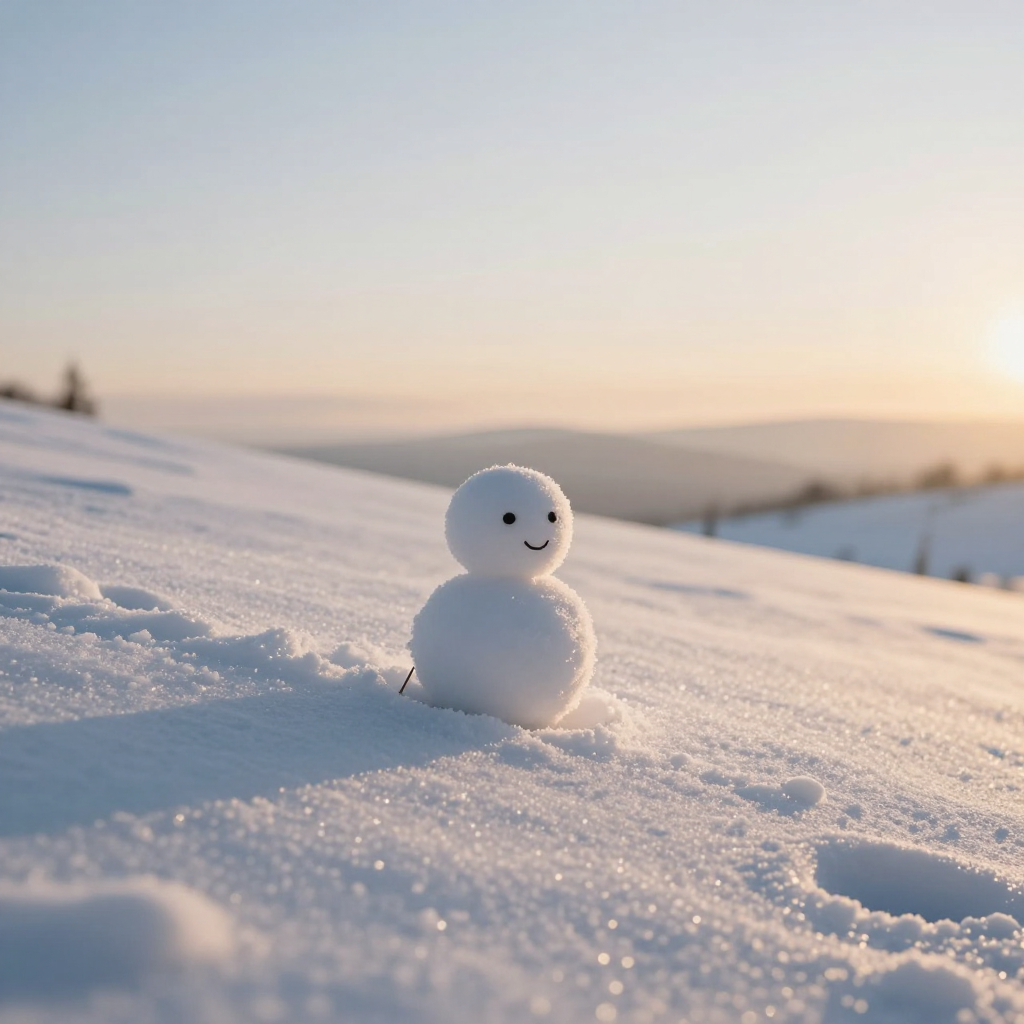 穏やかな朝、ゆるやかな坂を転がっていく小さな雪のかたまり