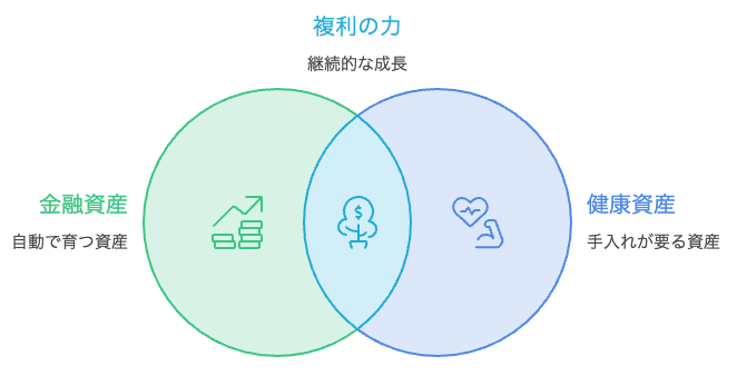 金融資産（放っておいても育つ）と健康資産（毎日の入金が要る）の対比図