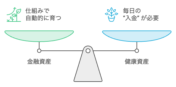 金融の複利と健康の複利の性格の違いを対比した図解