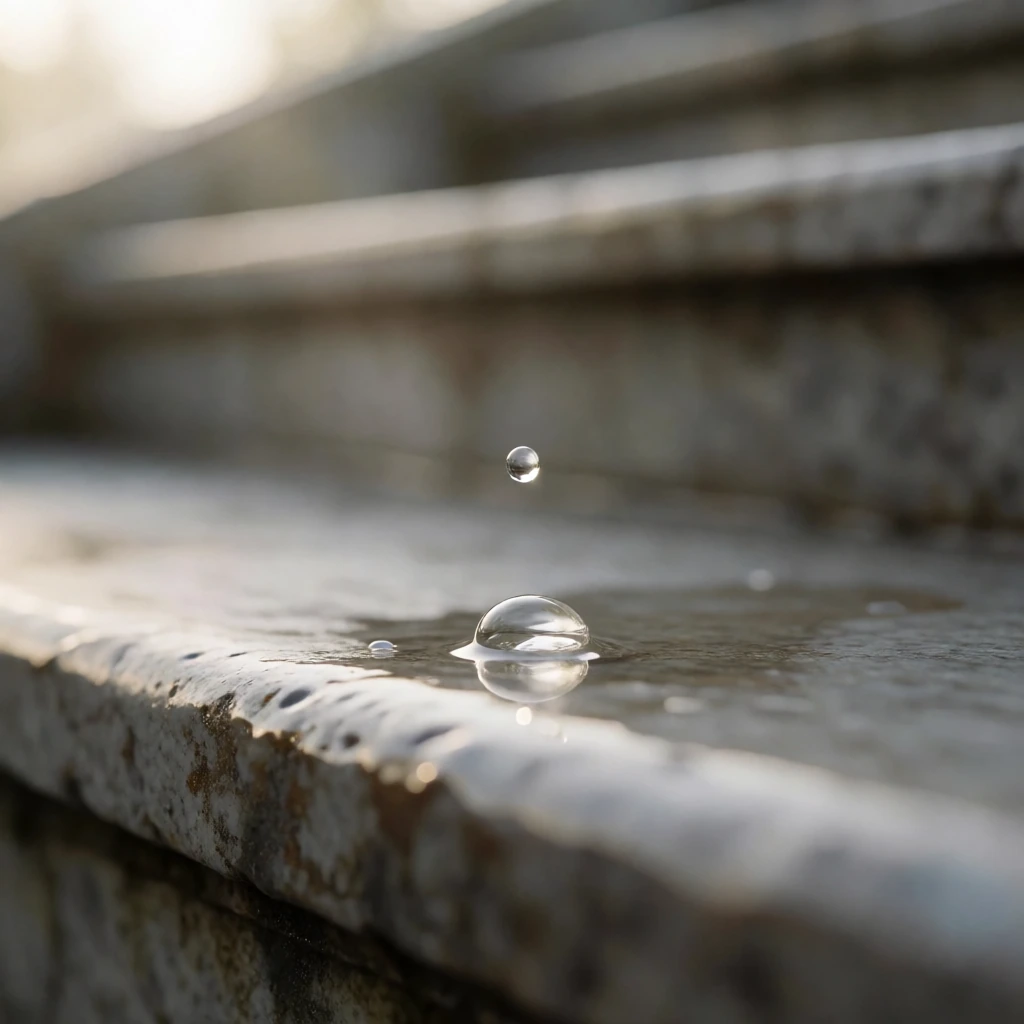 使い込まれた石段に一滴の水が落ちる瞬間。続けることの中で静かに進む小さな改善のイメージ