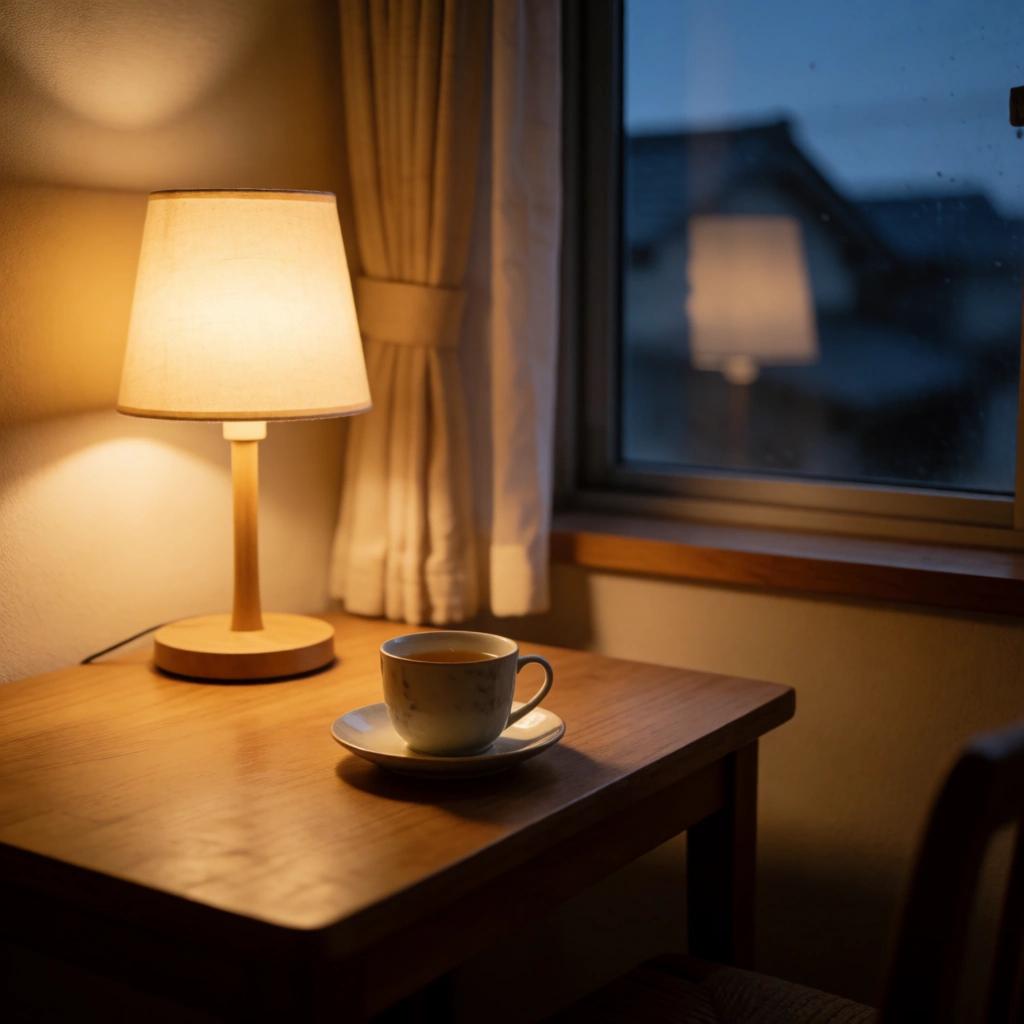 夕暮れの静かな部屋と窓辺のお茶。不安の少ない穏やかな日常のイメージ