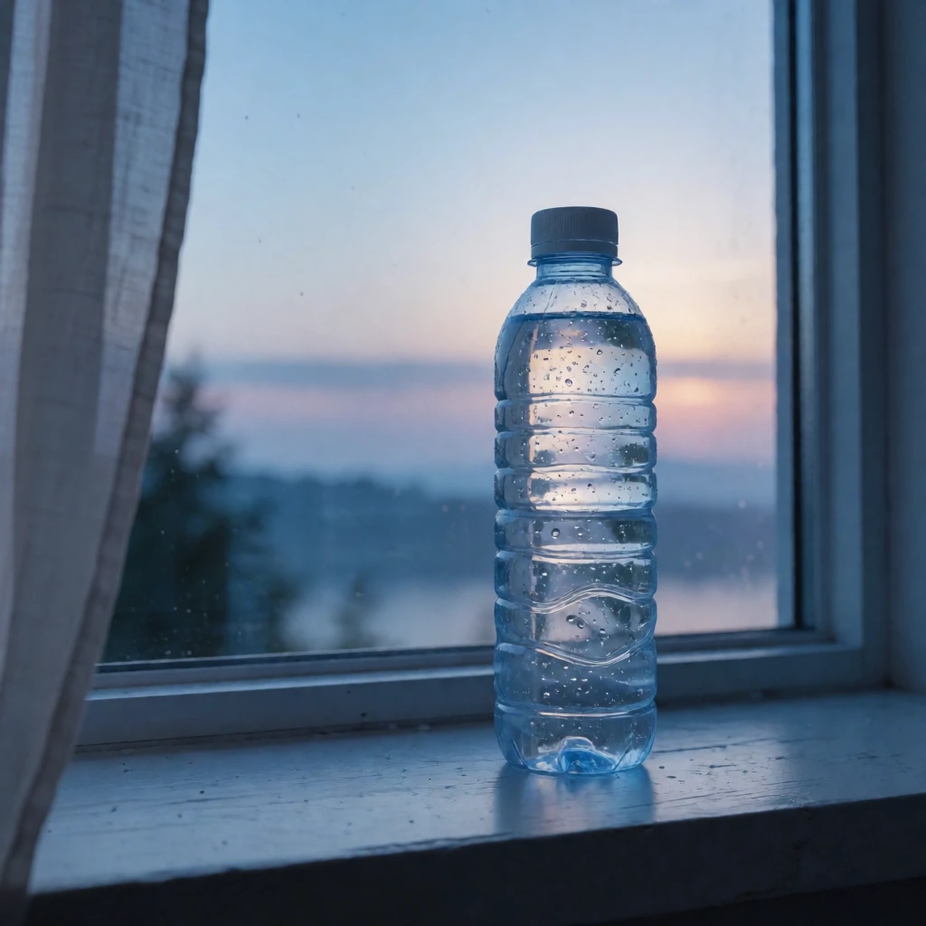 8年続けている水素水のボトルをイメージした夜明けの静物写真
