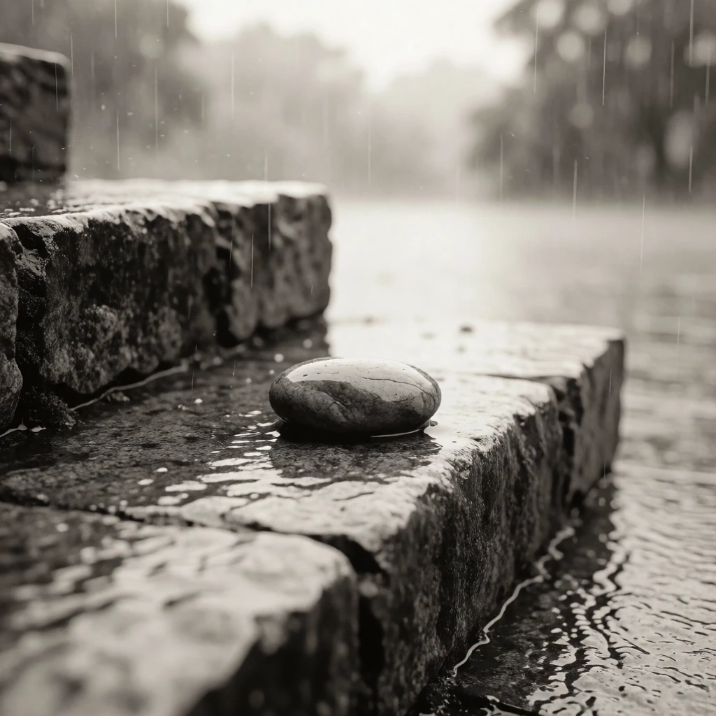 流れる雨の中で動かずに佇む石。変わらないLDLコレステロールの静かな比喩