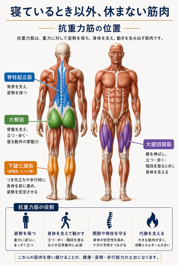 抗重力筋の位置を示す人体図。脊柱起立筋・大臀筋・大腿四頭筋・下腿三頭筋が姿勢を保ち、階段の登り降りで働くことを表す図解