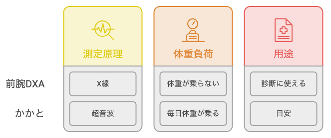 前腕DXAとかかと超音波の測定部位と位置づけを比べた図解